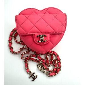 Chanel Rare CC In Love Pink Heart Belt Bag Lambskin Quilted Leather Gold 22S